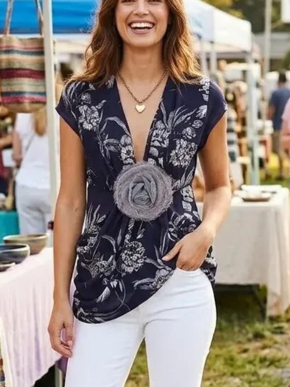 Anthropologie Deletta Midnight Rose Floral Blouse Navy V Neck Top S